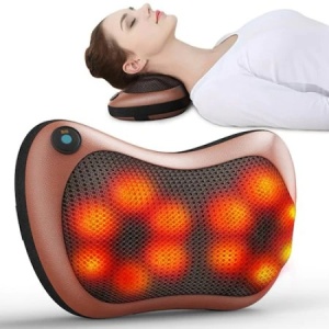 Aparat masaj tip perna relaxare electrica cu masaj cervical sau lombar, pentru gat si spate, functie de incalzire si infrarosu, cu 8 bile rotative, 20 W, 3 capete incalzire/masaj, Maro JRH® - Img 3