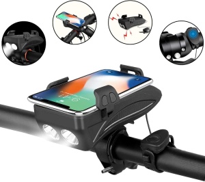 Far bicicleta cu suport telefon , cu claxon, 2 x T6 LED, 400 lumeni, acumulator 2000mAh, incarcare USB, rezistent la apa, 3 moduri de luminare, negru - Img 2