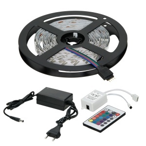 Kit 2 benzi LED RGB lumina multicolora 10 m cu telecomanda 24 taste si transformator 2A, ECD Germany, 5 m + 5 m, 4 W/m, 60 LED-uri/m, SMD 3528, pentru interior, IP20