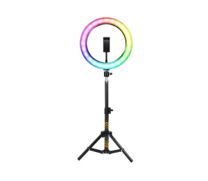 Lampa circulara profesionala LED Ring Light RGB Andowl Q-MG33, diametru 33 cm, conectare USB, 9 trepte de lumina, 15 culori RGB, suport telefon, trepied Andowl Q-L001