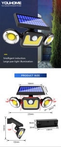 Lampa tripla cu incarcare solara si panou solar, senzor de miscare si lumina, 3 moduri de iluminare, stare de veghe, 82 x led, 30W KATHODE