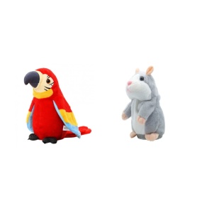 Pachet 2 jucarii interactive de plus pentru amuzamentul copilului tau, Papagalul vorbitor care imita sunetele pe care le aude si da din aripi si Hamsterul gri care repeta tot ce spui in timp ce isi misca corpul, multicolor