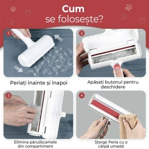 Perie pentru curatarea parului animalelor de companie, caine, pisica, reutilizabila, pentru orice suprafata, 19 cm, Alb/Rosu - Img 4