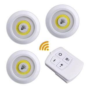 Set 3 spoturi LED cu telecomanda, prindere cu banda dublu adeziva, 3 x baterii AAA, 2 trepte de iluminare, KATHODE
