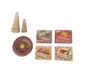 Set 40 de conuri parfumate Coco Cinnamon, Sandal Cinnamon, Clove Cinnamon, Cinnamon Apple, suport din lemn, 2 conuri piramidale Palo Santo si Santal K KATHODE - Img 3