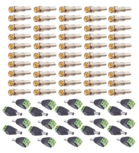 Set: 50 buc Mufa semnal video BNC Tata pentru cablu coaxial + 25 buc Mufa alimentare Tata surub
