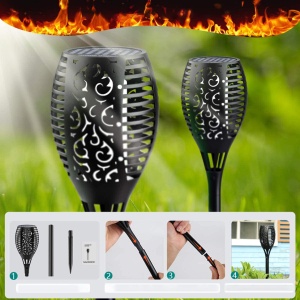 Set doua lampi solare cu flacara, YWX®, IP65, 33 LED-uri, Cu senzor de lumina, Pornire/oprire automata, Pentru exterior, curte, terasa si gradina, Negru - Img 2