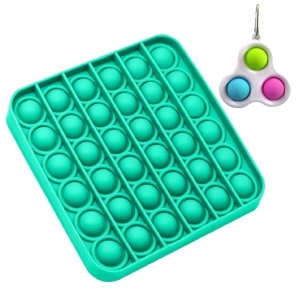 Set jucarii senzoriale Pop It Now, Push Bubble patrat din silicon 12.5 x 12.5 x 1.5 cm turcoaz + breloc Fidget antistress verde, roz, albastru