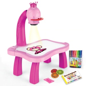 Set Tabla de desenat Electrica cu Proiector Holograme, 24 modele figurine + Set 12 Carioci, Roz - Img 4