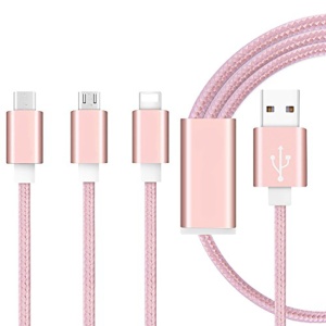 Cablu De Date 3 In 1 MRG® compatibil cu Iphone 5/6 + Micro Usb + Type C Roz pt Telefon Tableta - Img 2