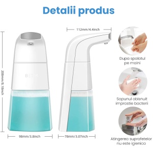Dispenser Automat Qeno® Dozator Sapun Lichid / Spuma, Dezinfectant Si Antibacterian, Cu Senzor 310ML, ALB - Img 6