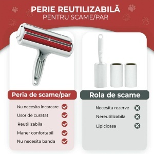 Perie pentru curatarea parului animalelor de companie, caine, pisica, reutilizabila, pentru orice suprafata, 19 cm, Alb/Rosu - Img 5