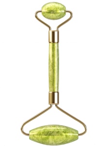 Rola din Jad si Gua Sha Set pentru Masaj Facial si Corporal - Jade Roller Anti Aging, Verde/Auriu