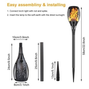 Set 2 lampi solare de exterior cu efect de flacara, pentru gradina, balcon, acumulator 300 mAh 10 x 58 cm, negru - Img 2
