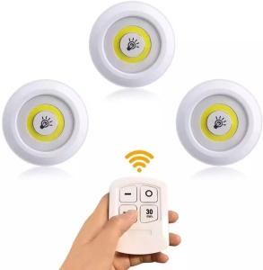 Set 3 lampi LED wireless, control prin telecomanda, 2 trepte de lumina, temporizare 30 min, alimentare cu baterii, Alb, YULMI