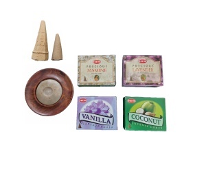 Set 40 de conuri parfumate, Jasmine, Lavender, Vanilla, Coconut, suport din lemn, 2 conuri piramidale Palo Santo si Santal K KATHODE