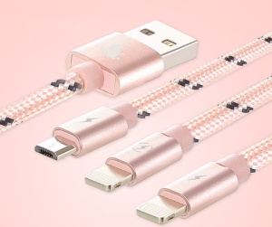 Cablu De Date 3 In 1 MRG® compatibil cu Iphone 5/6 + Micro Usb + Type C Roz pt Telefon Tableta - Img 3