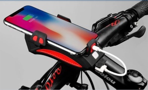 Far bicicleta cu suport telefon , cu claxon, 2 x T6 LED, 400 lumeni, acumulator 2000mAh, incarcare USB, rezistent la apa, 3 moduri de luminare, negru - Img 4