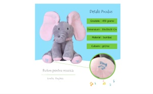 Jucarie elefant, peek a boo, canta si vorbeste, 30x15 cm, gri/roz, buz - Img 3