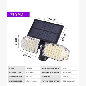 Lampa ajustabila cu incarcare solara, 78 x LED SMD, senzor de miscare/amurg/stare de veghe, buton ON/OFF SH-078 K KATHODE - Img 2