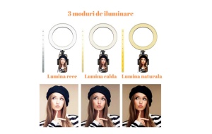 Lampa circulara Make up profesionala, 3 tipuri de lumina, trepied 210 cm, suport telefon, diametru 26 cm - Img 2