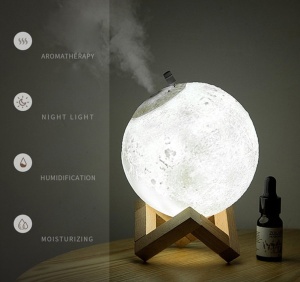 Lampa de veghe cu umidificator de aromaterapie, 3 culori ambientale, 13 cm, 880 ml, forma de luna 3D, stativ lemn K KATHODE - Img 8