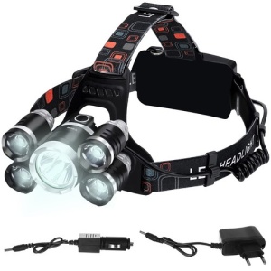 Lanterna de Cap cu 5 LED-uri, reincarcabila la priza sau auto, Neagra