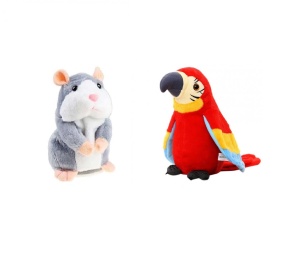 Pachet cu 2 jucarii interactive, contine Hamsterul vorbitor, repeta ce aude, isi misca corpul si capul,15 cm si Papagal vorbitor rosu, repeta tot ce aude, isi misca aripile si corpul,18cm