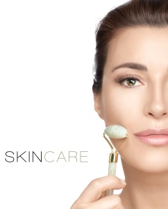 Rola din Jad si Gua Sha Set pentru Masaj Facial si Corporal - Jade Roller Anti Aging, Verde/Auriu - Img 2