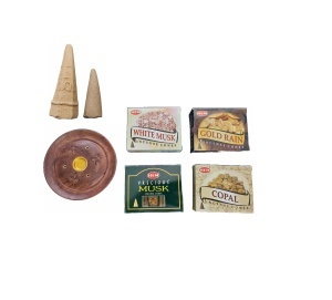 Set 40 de conuri parfumate White Musk, Gold Rain, Copal, Musk, suport din lemn, 2 conuri piramidale Palo Santo si Santal K KATHODE - Img 3