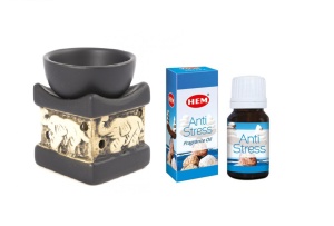 Set aromaterapie ulei parfumat HEM Antistres 10ml +suport ceramica elefant