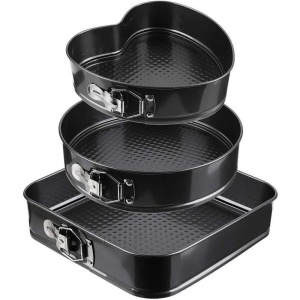 Set de 3 forme prajituri, Inima, Patrat, Rotund, Baza detasabila, acoperire antiaderenta, 24 cm/26 cm/28 cm, Negru