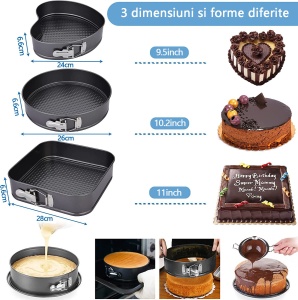 Set de 3 forme prajituri, Inima, Patrat, Rotund, Baza detasabila, acoperire antiaderenta, 24 cm/26 cm/28 cm, Negru - Img 4