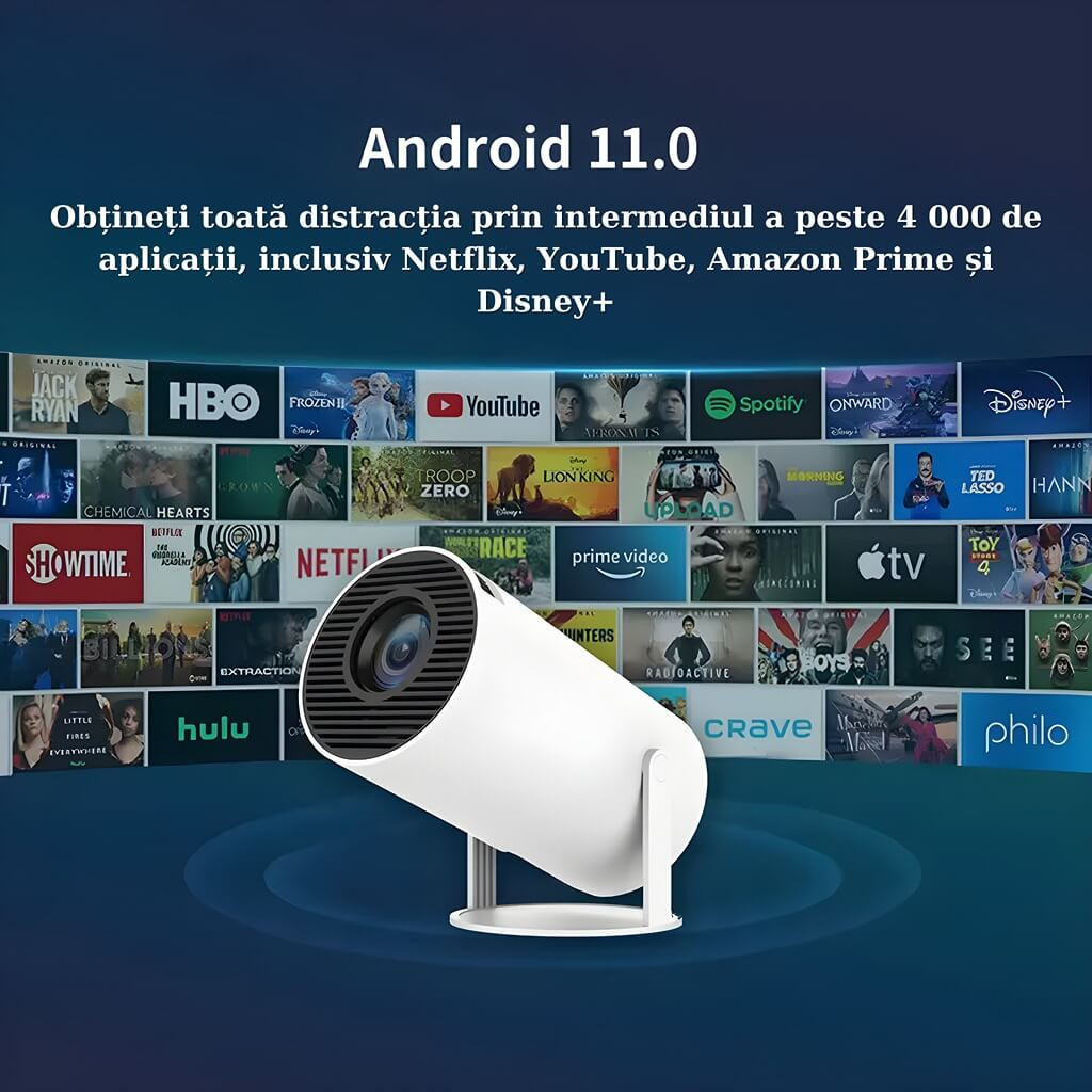 Videoproiector portabil wireless, Smart, 4K, telecomanda, Android TV 11.0, Difuzor incorporat, HDMI, USB