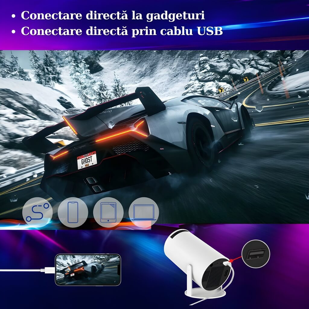 Videoproiector portabil wireless, Smart, 4K, telecomanda, Android TV 11.0, Difuzor incorporat, HDMI, USB