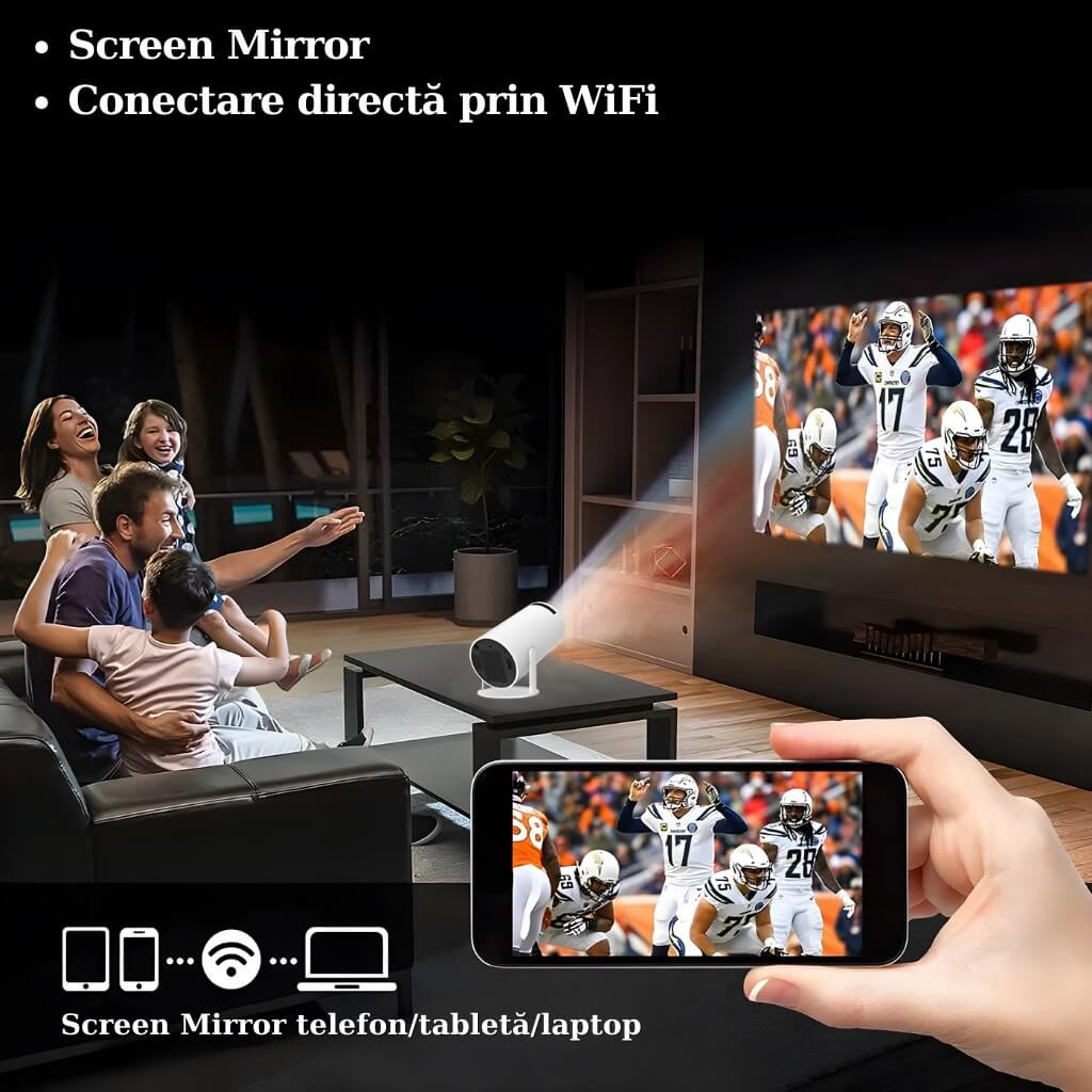 Videoproiector portabil wireless, Smart, 4K, telecomanda, Android TV 11.0, Difuzor incorporat, HDMI, USB