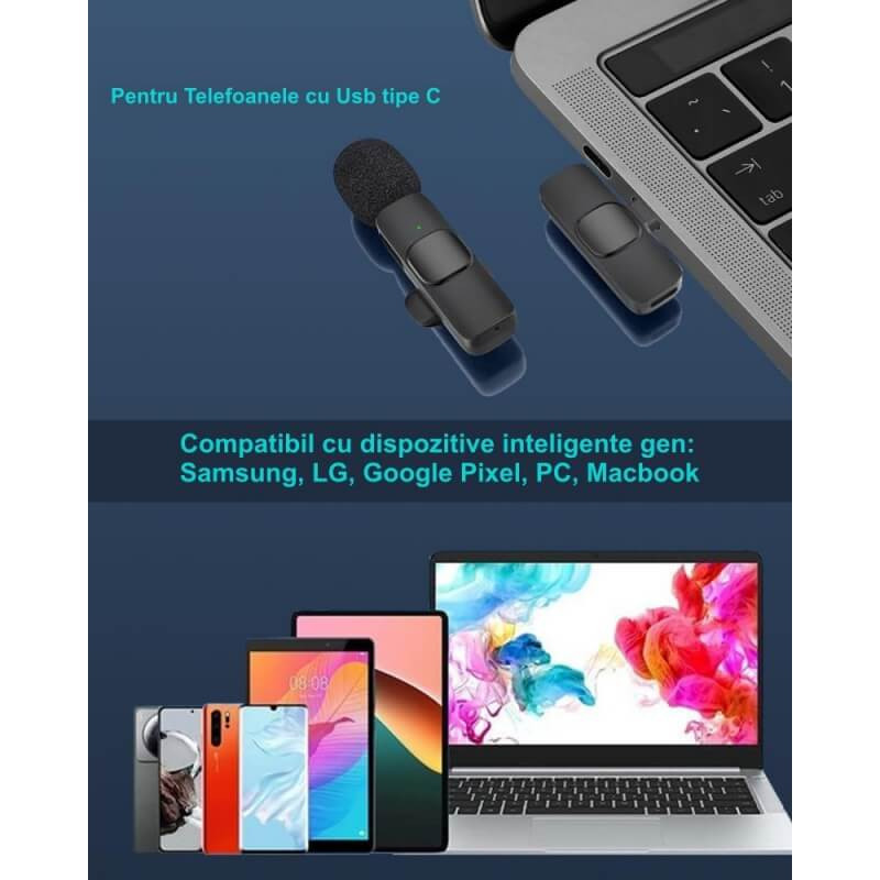 Microfon pentru telefon, wireless, lavaliera, mufa tip c, K9
