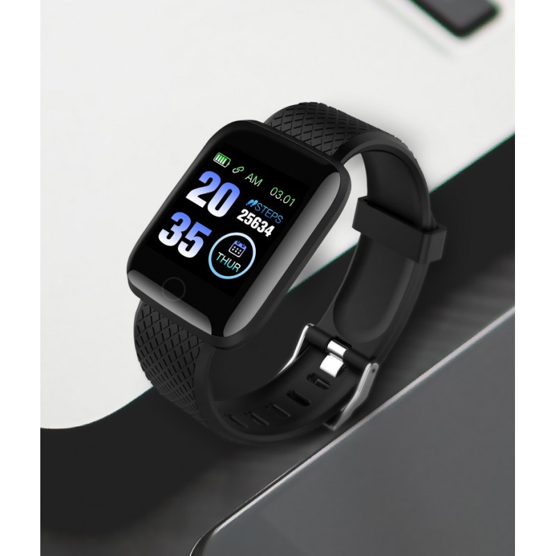 Ceas smartwatch negru, Bluetooth, Compatibil Android & IOS, Unisex, rezistent la apa, 116-PLUS