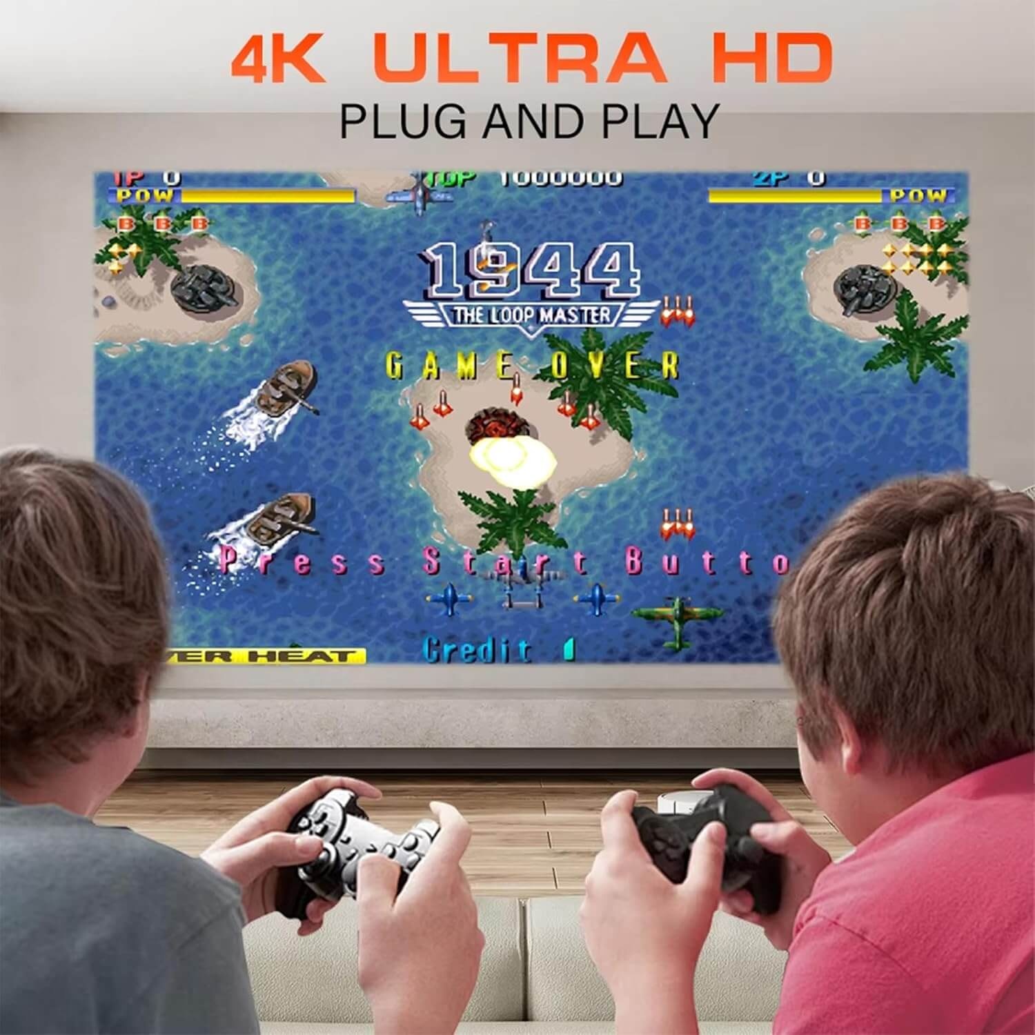 Consola de jocuri cu proiector, 4K, 2 joystick-uri, wireless, Ultra HD, Android 11, telecomanda