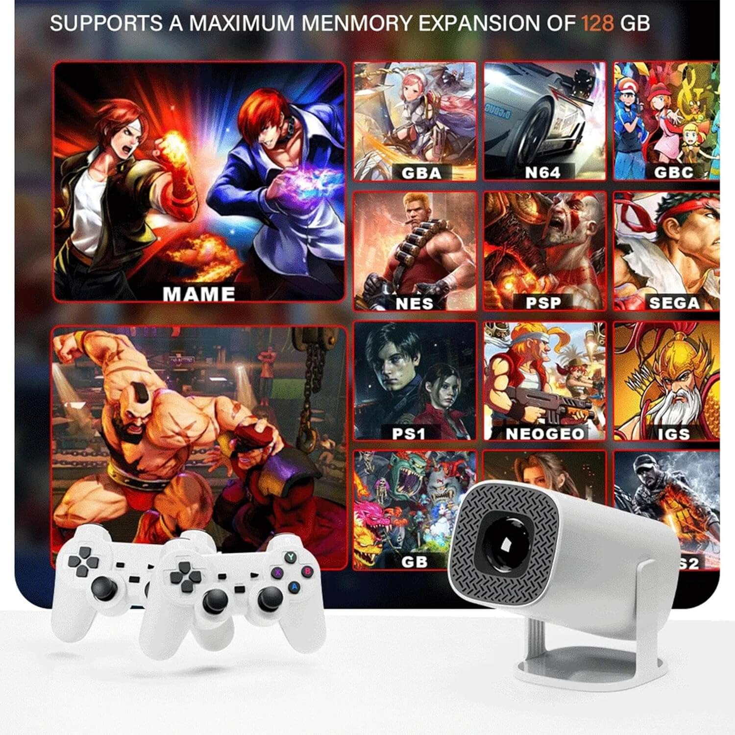 Consola de jocuri cu proiector, 4K, 2 joystick-uri, wireless, Ultra HD, Android 11, telecomanda