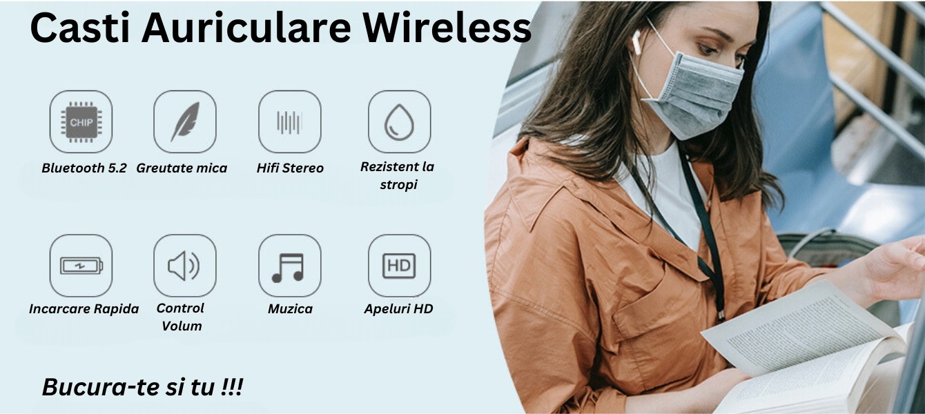 Casti wireless pentru iphone, android, samsung, bluetooth, TWS, microfon, touch control, tip airpods