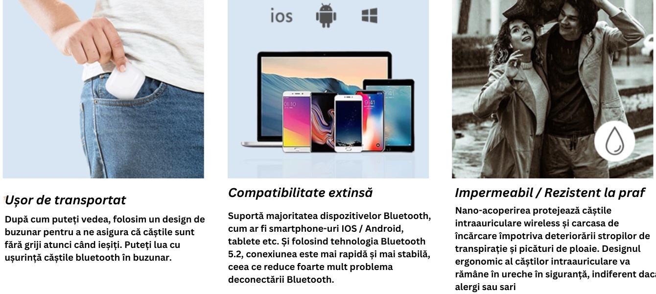 Casti wireless pentru iphone, android, samsung, bluetooth, TWS, microfon, touch control, tip airpods