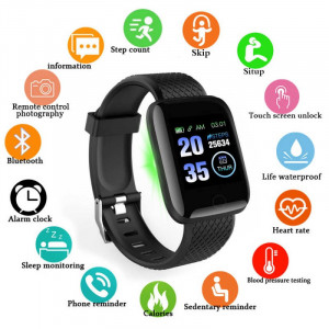 Ceas smartwatch negru, Bluetooth, Compatibil Android & IOS, Unisex, rezistent la apa, 116-PLUS