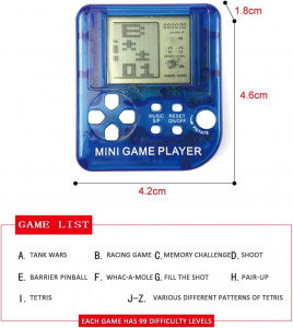 Mini consola tetris, retro, portabila, breloc, 26 jocuri, 99 nivele, 3cm display, clopotel