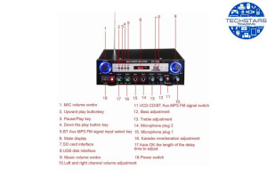 Amplificator audio cu Bluetooth, statie, USB, MP3, 2x50W, card SD, Bass, telecomanda, 12V, BT-7388