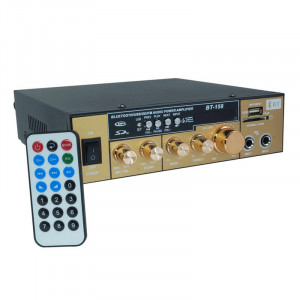 Amplificator audio tip statie cu Bluetooth BT-158, 2x50W, USB, AUX, telecomanda, 2 intrari microfon, 12v, 220v, Functie Karaoke, antena, Bass, Radio FM, Negru