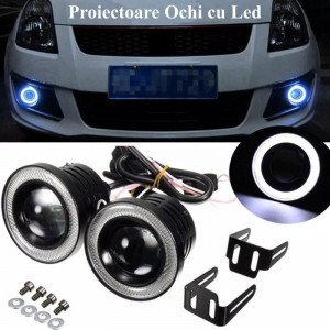 Set 2 Proiectoare ceata universale Lupa LED Angel Eyes 89mm