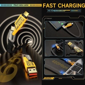 Cablu incarcare rapida tip c, 65W, lightning, USB, PD 27W, plat, metal, 4in1, TDItronics, negru