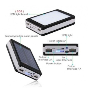 Baterie externa cu incarcare solara, 20000 mah, 2 x usb, lanterna led, indicator nivel putere powerbank