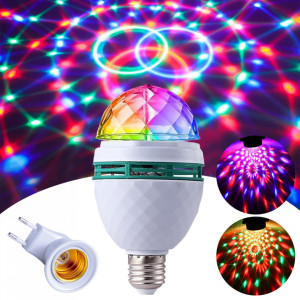 Bec rotativ multicolor, LED, lumini disco, dulie E27 pentru priza, 3W, Alb cu dulia amplasata langa bec si cateva moduri de iluminat